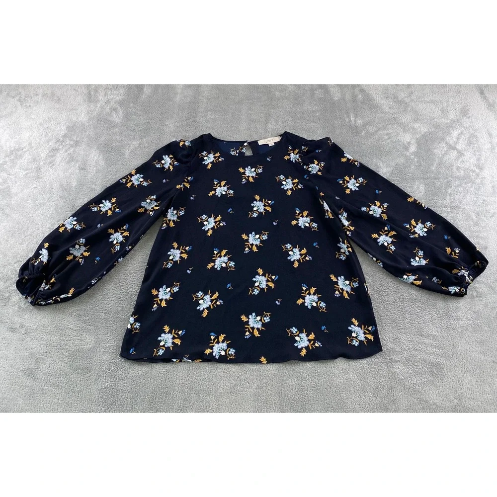 Loft Womens Navy Blue Floral Puff Sleeve Keyhole Back Blouse Top Size S